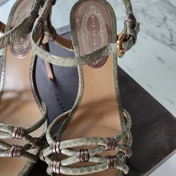 Elie Tahari Real Snakeskin Heeled Sandal Pumps Khaki - Picture 6 of 8
